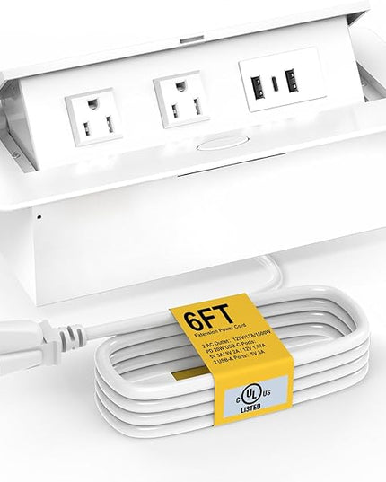 UL Listed Recessed Power Strip, Pop Up Power Cover Box Desktop Socket with USB C Charging Ports, Stainless Steel Receptacle Outlet for Conference Room Countertop (White-USB C)