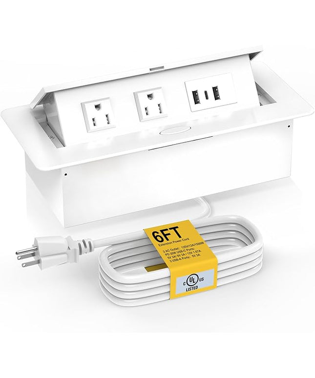 UL Listed Recessed Power Strip, Pop Up Power Cover Box Desktop Socket with USB C Charging Ports, Stainless Steel Receptacle Outlet for Conference Room Countertop (White-USB C)