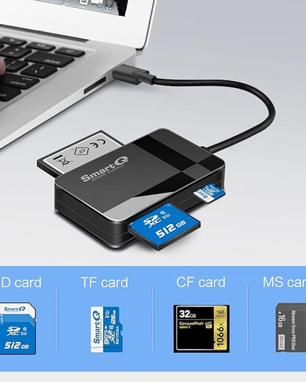 SmartQ SD Card Reader, 4-in-1 USB C 3.0 SD/Micro SD/MS/CF Memory Card Reader, Adapter for Camera, Compatible with MacBook Pro, MacBook Air/iPad Pro, Samsung Galaxy S10/S9/S8, Surface Book 2