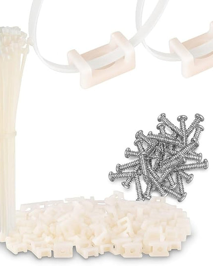 GTSE 8 Inch White Zip Ties, Saddle Mounts and Self Tapping Screws Set, 100 Pack Cable Ties, 50lb Strength, UV Resistant Strong Self-Locking Tie Wraps