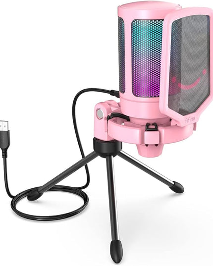 FIFINE USB Gaming PC Microphone for Streaming Podcasts, AmpliGame RGB Computer Condenser Desktop Mic, Cardioid Pattern for YouTube Video, Plug and Play on PS4 PS5, with Quick Mute, Mic Gain-A6V Pink