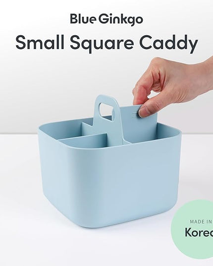 BLUE GINKGO Small Stackable Organizer Caddy – Korean-Made Portable Tote for Bathroom, Office, Crafts, or School Supplies (Square, Blue)