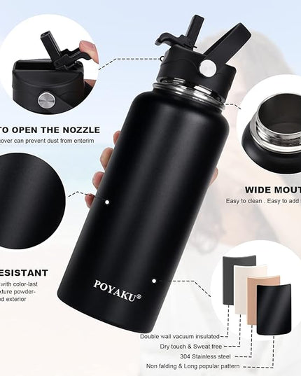 Water Bottle Insulated 32oz 40oz 64oz 128oz Straw Lid Spout Lid & 3 Lids, Leak Proof, Vacuum Insulated,Stainless Steel Water Bottle Wide Mouth for Sports, Gym or Office