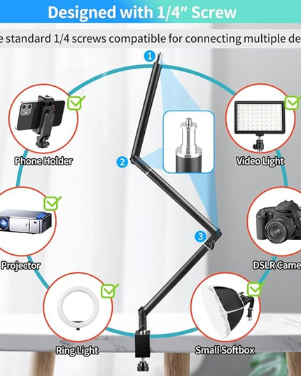 Heavy Duty Overhead Camera Desk Mount Stand 14.5"-41" with 1/4" Screw, 3-Section 360°Rotatable Detachable Articulating Boom Arm with Enlarged Handle C Clamp, Tabletop Light Stand for Streaming Vlog