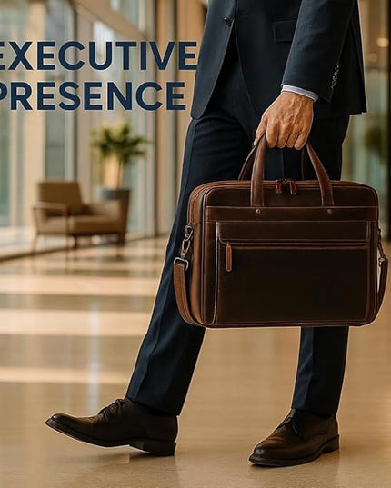 Luxorro Full Grain Leather Briefcase for Men, Top Choice Gifts, Handcrafted Laptop Bag with Multiple Compartments and Brass Hardware, Fits 15.6 Inch Laptop