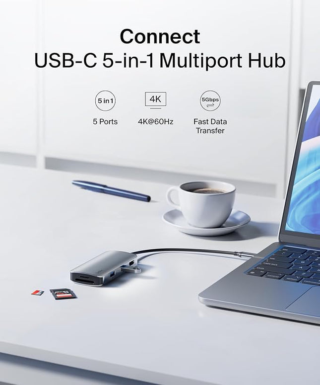 Belkin USB-C Hub, 5-in-1 Multiport Adapter - USB-C Docking Station with 4K HDMI, 2 x USB-A Ports, SD Card Slot, & MicroSD Card Slot for MacBook Pro, Air, iPad Pro, XPS, and More
