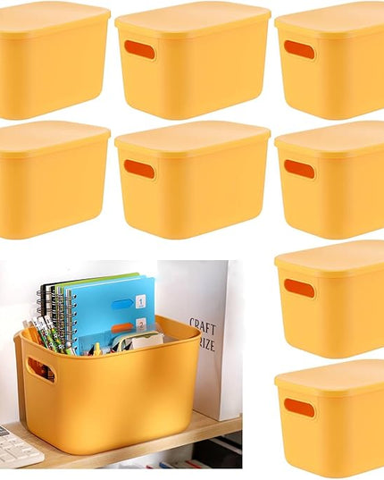 Hoolerry 8 Pieces Colorful Storage Bins with Lid, Plastic Storage Basket Organizing Container Stackable Box with Handle for Shelves Desktop Playroom Office(10.2 x 7 x 6.3 Inch,Yellow)