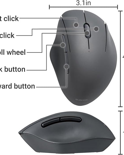 ELECOM Bluetooth Mouse Ergonomic Shape, Silent Click, 18-Month Battery Life, 2000DPI, 5 Buttons, Optical Sensor, Compatible with PC, Mac, Laptop, SHELLPA, Black (M-SH20BBSKBK)