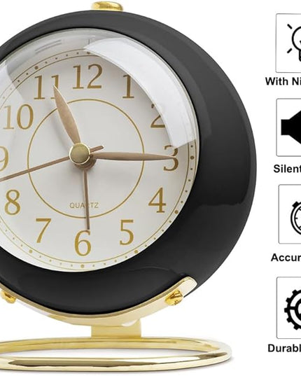 SHISEDECO Small Tableclocks Classic Non-Ticking Tabletop Alarm Clock with Backlight, Battery Operated Astronaut Deskclock with HD Glass for Living Room Bedroom Bedside Indoor Decor (Black Gold)