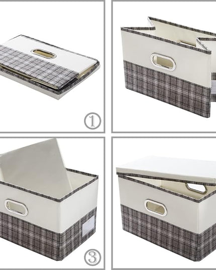 PRANDOM Collapsible Storage Bin with Lid [3-Pack] Fabric Foldable Storage Box Organizer Container Basket Cube with Cover for Home Bedroom Closet Office Nursery Gray plaid & Cream(14.9x9.8x9.8)