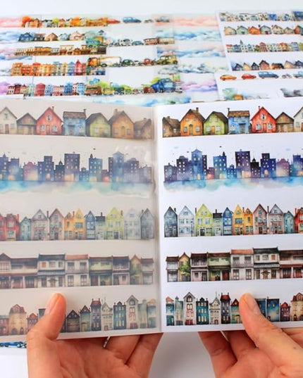 20 Sheets City Landscape Pre-Cut Journal Stickers Book for Journaling, Scrapbooking, Dual Transparent PET and Washi Stickers for Adults Junk Journals, Bujo, Collage, Planner, Album