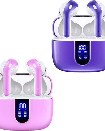TAGRY 2 Sets X08 Sunset Pink and Phantom Purple Bluetooth Headphones True Wireless Earbuds 60H Playback Ear Buds with Wireless Charging Case in-Ear Earbuds with Mic