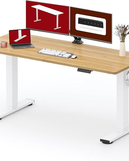 SANODESK Standing Desk Height Adjustable Electric Stand up Desk 63x24 Inches Sit Stand Home Office with Splice Board, White Frame/Maple Top