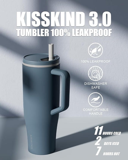 KISSKIND 40 oz Tumbler with Handle and Straw | Lumi Spin Hidden Straw 100% Leakproof Insulated Tumbler | Stainless Steel Water Bottle for Mom, Nurse, Teacher | Blue