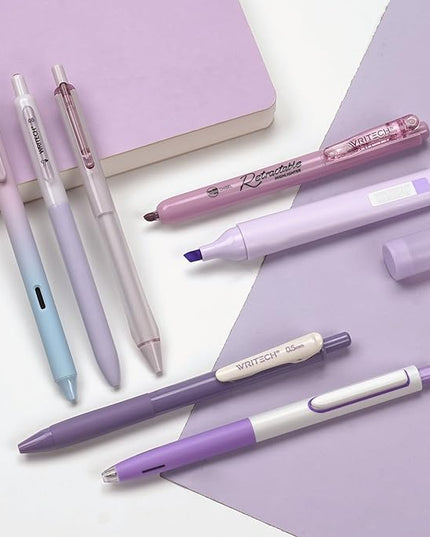 WRITECH Gel Pens Journaling Highlighters: Journal Set Aesthetic Assorted Pastel Color Ink 0.5mm Fine Point Retractable 0.7mm Black Pen Smooth Writing Drawing No Bleed 7ct (Purple)