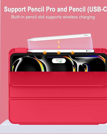 ZryXal iPad Pro 11 Inch Case (M5) 2025/ (M4) 2024 (Model: A2836/A2837/A3006), Trifold Stand Smart Cover with Pencil Holder and Soft TPU Back, Auto Wake/Sleep (Red)