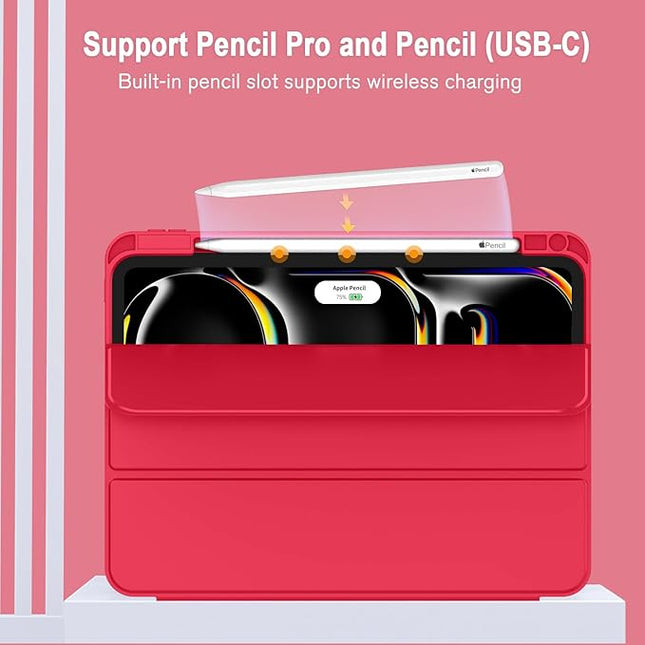 ZryXal iPad Pro 11 Inch Case (M5) 2025/ (M4) 2024 (Model: A2836/A2837/A3006), Trifold Stand Smart Cover with Pencil Holder and Soft TPU Back, Auto Wake/Sleep (Red)
