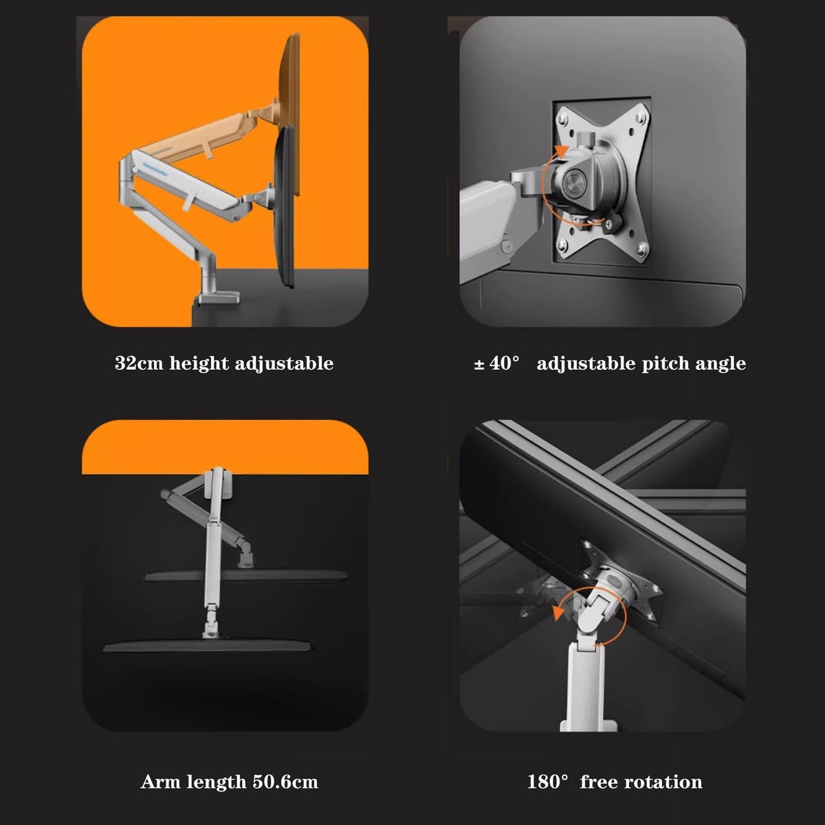 Monitor Arm Single Monitor Desk Mount for 17-32 Inch Screens, Ergonomic Adjustable Gas Spring Monitor Arm with USB, C-Clamp & Grommet Base, 75/100Mm Monitor Mo,