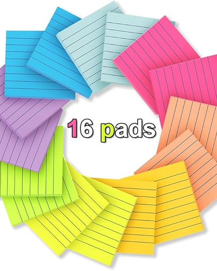 (16 Pack) Lined Sticky Notes 3x3 in Ruled Stickies Super Sticking Power Memo Pads Bright Colors