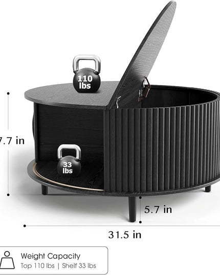 JOINICE,Black Round Coffee Table with Storage, 31.5" Fluted Center Table with Sliding Door, Modern Circle Drum Accent Table for Living Room, Sleek Wood Furniture for Small Spaces & Apartments