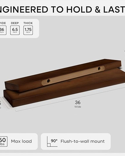 Homeforia Walnut 36 inch Floating Shelf, High End Solid Real Wood 36inch Large Shelves for Bathroom Wall, Dark Brown 36 inches Long Floating Shelves, Heavy Duty Bracket, 36 X 6.5 X 1.75 inch, Set of 2