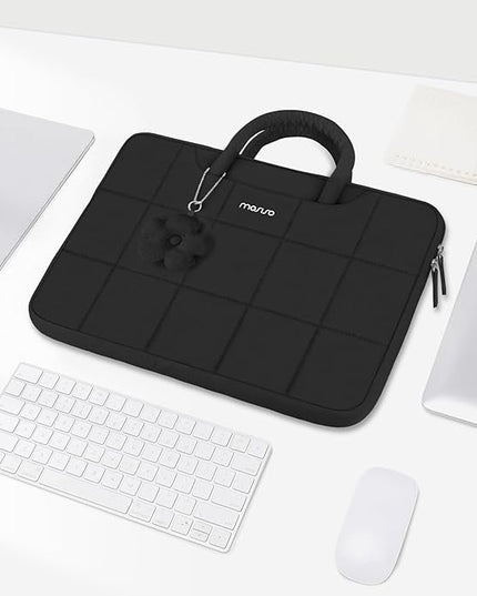 MOSISO Laptop Case 13.3 inch, 13-14 inch Puffy Laptop Sleeve Compatible with MacBook Air 13 13.6/Pro 13/Pro 14,HP Acer Dell ASUS Lenovo, Rectangle Quilted Computer Bag with Handle&Flower Pendant,Black