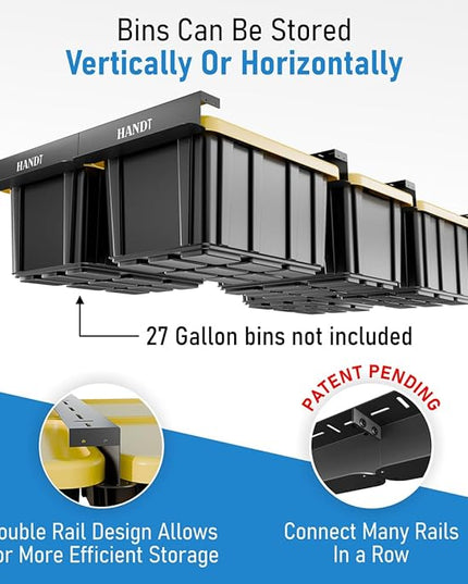 HANDT Overhead Garage Storage Rack, Connectable Heavy Duty Metal Ceiling Rails For Garage Storage Organization Shelving System, Hanging Racks For Tote Containers, Supports Up To 6 Bins, 4 Sets Black