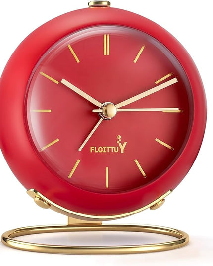 FLOITTUY Silent Table Analog Alarm Clock No Ticking, Lighted on Demand and Battery Operated, Beep Sounds, Small Desk Clock(Tomato Red)