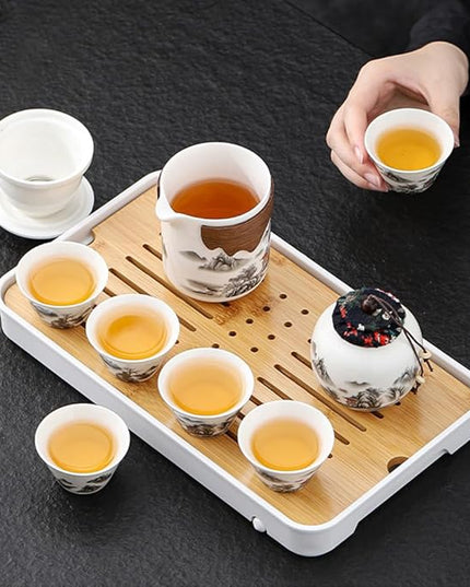 Portable Chinese Kung Fu Tea Set with Removable Infuser - 6 Cup Ceramic Travel Tea Set for Home, Office, or Outdoor Use