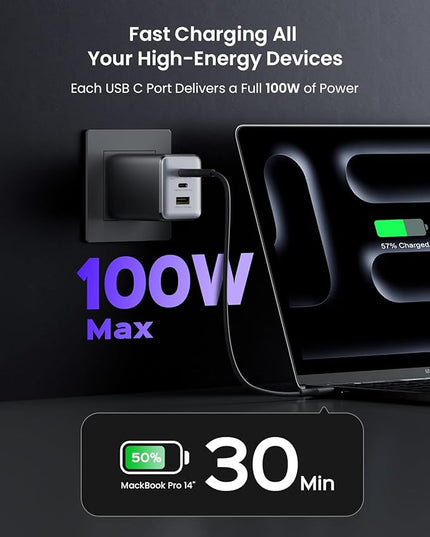 100W USB C Charger Block, Fast Wall GaN Charger, 3-Port Compact Foldable USB Power Adapter for MacBook Pro/Air, Dell XPS,iPad Pro,iPhone Series,Galaxy S25/S24,and More
