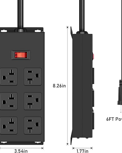 JUNNUJ Heavy Duty 20 Amp Power Strip, Garage 6 Outlets Metal 12 Gauge Surge Protector 3000J, High Amp 5-15P Adapter Shop 6-20R T-Slot Industrial (6AC, 6FT)