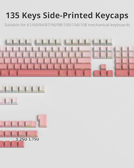 Cherry Profile Side Printed PBT Keycaps, 135 Key Minimalist Double Shot Shine Through Custom Keycap, Gradient Key Cap for Cherry MX Switches Mechanical Keyboard (Pink/Side Print)