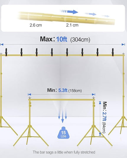 EMART Backdrop Stand 10x7ft(WxH) Photo Studio Adjustable Background Stand Support kit with 2 Crossbars, 8 Clamps, 2 Sandbags and Carry Bag for Parties, Events Decoration, Wedding -Titanium Gold