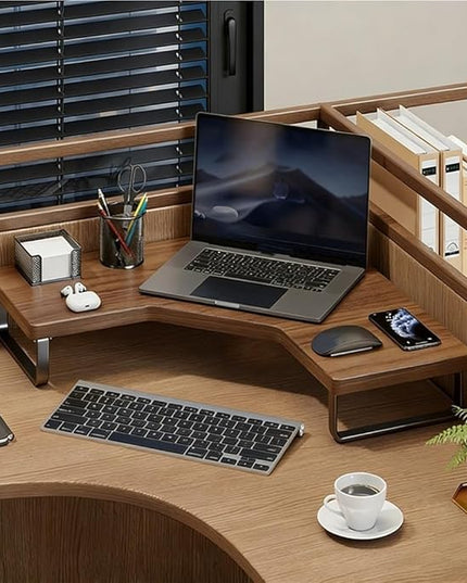 Corner Monitor Stand Riser, Wooden Triangular Computer Shelf, Space-Saving Desktop Organizer for L-Shaped & Corner Desks & Office Desk Accessories(Walnut,40x25x8.5cm)