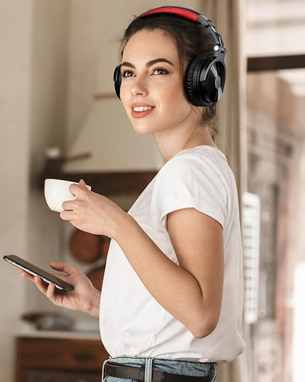 OneOdio Bluetooth Over Ear Headphones, 110 Hrs Wireless/Wired Stereo Sound Foldable Headsets with Deep Bass 50mm Neodymium Drivers for PC/Phone/Tablet - Studio Wireless Pro C, Red