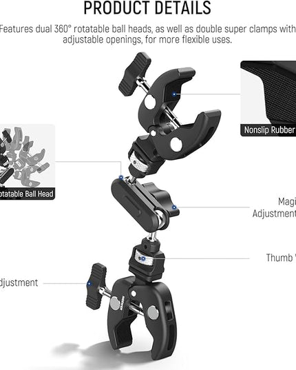 NEEWER Double Super Clamp Camera Mount with Magic Arm, NATO Interface, Cold Shoes, 1/4" Locating Holes for ARRI, Desk Studio Photography Light Stand Pole Cross Bar Umbrella Holder Clamp Mount, UA060
