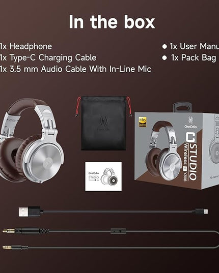 OneOdio Bluetooth Over Ear Headphones, 110 Hrs Wireless/Wired Stereo Sound Foldable Headsets with Deep Bass 50mm Neodymium Drivers for PC/Phone/Tablet - Studio Wireless Pro C, Silver