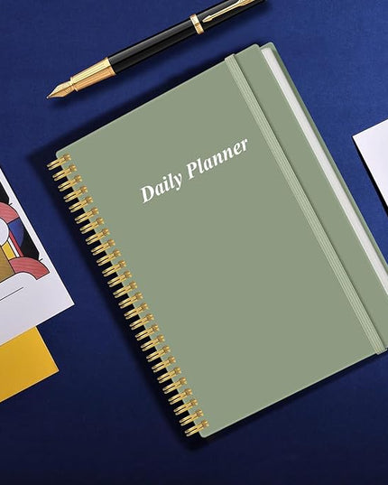 Daily Planner Undated - B5 To Do List Notebook Hourly Schedules, Spiral Appointment Planner for Women and Men, PVC Hardcover, Inner Pocket, Elastic Closure, 7" x 10", Green