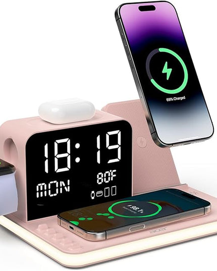 Acer 7-in-1 Wireless Charging Station with LED Clock - 30W Fast Wireless Charger for iPhone 16/15/14/13/12/Pro Max, Apple Watch, AirPods - Bluetooth Auto Time Sync & Night Lights (Pink)