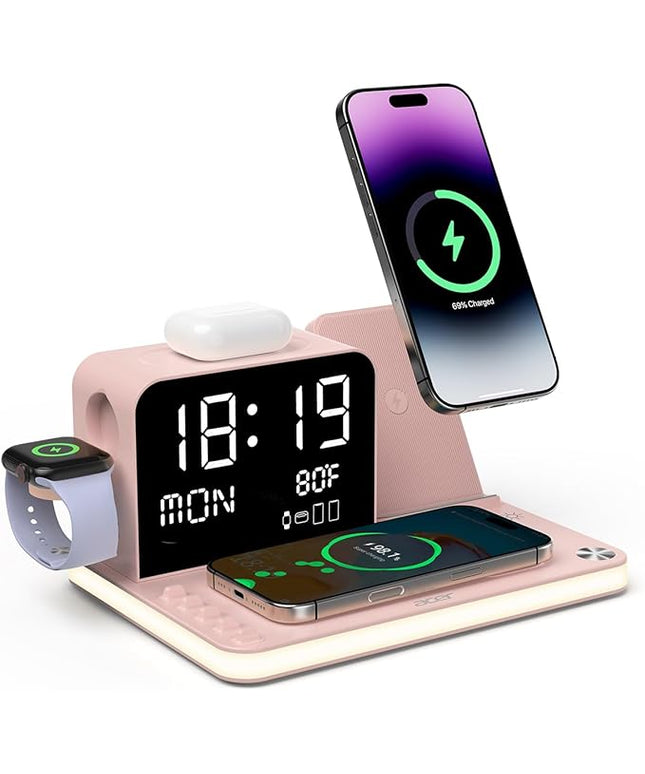 Acer 7-in-1 Wireless Charging Station with LED Clock - 30W Fast Wireless Charger for iPhone 16/15/14/13/12/Pro Max, Apple Watch, AirPods - Bluetooth Auto Time Sync & Night Lights (Pink)