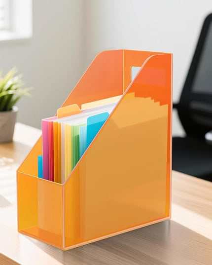 Acrylic Magazine Rack Desk File Holder Organizer for Office Desktop Vertical Magazine Storage Box, 12 x 10 x 5'', Neon Orange