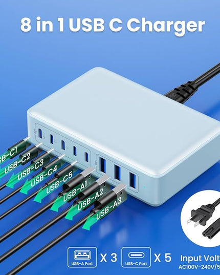USB C Charger 300W USB C Charger Block 8-Ports GaN IV Fast Charging Station,PD 100W Laptop Charging Hub Wall Adapter Compatible with MacBook/Air,DELL,Steam Desk,iPhone 16/15/14,Galaxy S24 etc