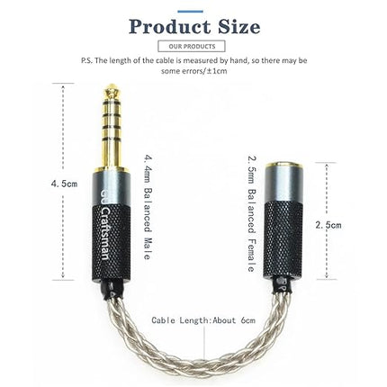 GUCraftsman 4.4mm Balanced Male to 2.5mm Balanced Female Headphone Adapter Cable 6N Single Crystal Silver Headphone Jack Convert Cable for Audio Players with 4.4mm Balanced Ports¡­
