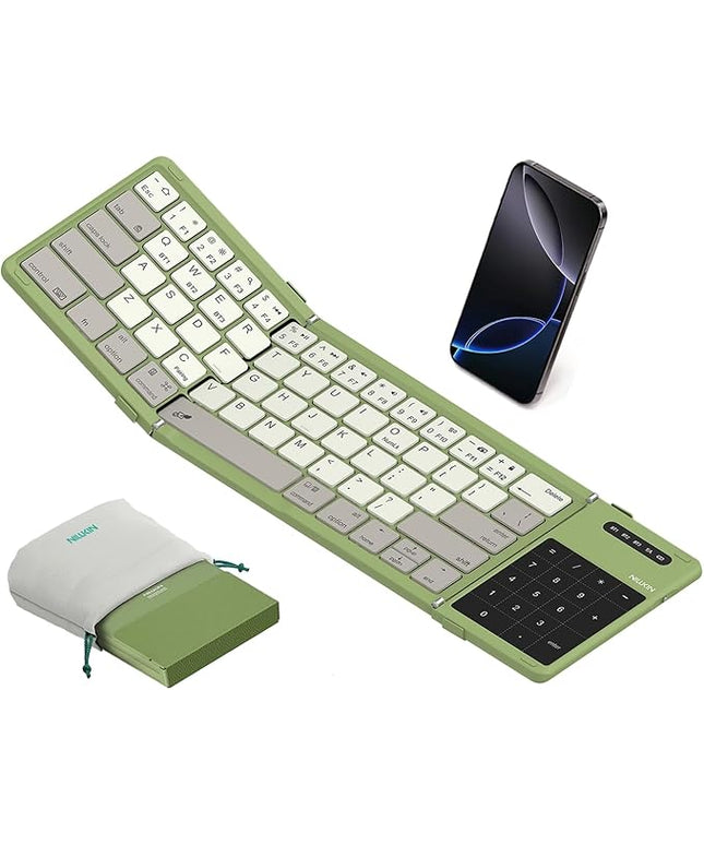 Nillkin Upgraded Foldable Bluetooth Keyboard with Touchpad & Number Pad, Portable Wireless Keyboard for Travel, Pocket-Sized, Full Size Keys, Support 3 Devices for iPad Laptop Tablets Phone, Green