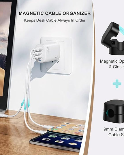 8 Pack Magnetic Cable Clips Cord Holder With Free 0.39*196 Inch Cut - To - Size Binding Tape For Cord Management | Adhesive Cable Organizer For Home, Office, Car - Hide Phone Charging Cables, Desk Use