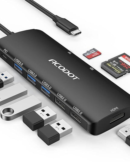 Acodot 9 in 1 USB C to 4K@60HZ HDMI Multiport Adapter, 3 USB 3.0 Ports, SD/TF Card Reader, 100W PD, Designed for MacBook Pro Air HP XPS etc, Black