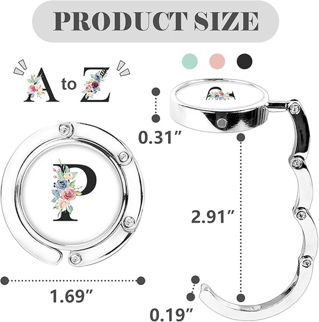 Iqimott 3pcs Personalized Initial Foldable Purse Hook for Table, Flower Letter Folding Handbag Hanger Portable Magnet Table Hook Holder, Collection Desk Purse Hooks for Women Bag (Black-P)