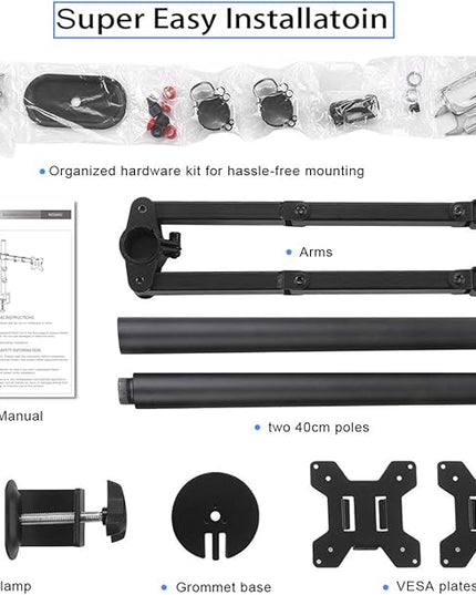 Suptek Dual Monitor Desk Mount, Adjustable Dual Monitor Arm for 2 Computer Screens up to 27 inch, Extra Tall 31.5" Pole Dual Monitor Stand for Desk, Holds up to 22 lbs(MD6842)