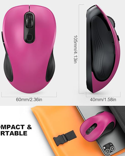 WisFox 2.4G Wireless Mouse for Laptop, Ergonomic Computer Mouse with USB Receiver and Type-C Adapter, 3 Adjustable Levels, 6 Button Cordless Wireless Mice for Windows Mac PC Notebook (Fuchsia)