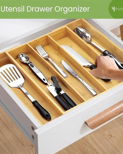 Purawood Kitchen Drawer Organizer - Expandable Utensil Drawer Organizer for Kitchen, Cutlery Tray & Silverware Organizer, 3-5 Slots - Bamboo Organizer for Utensils & Flatware (Natural)